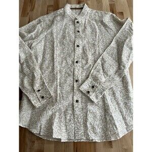 Men's Long Sleeve Button Up Tunic Linen Mandarin Band Collar Embroidery White XL